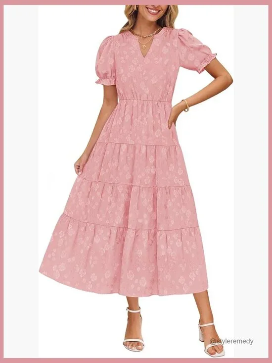 Polyester Floral Textured Midi Dress with Puff Sleeves and V-Neck - Picture 1 of 7